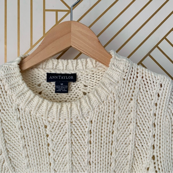Ann Taylor vintage cotton Cable chunky Knit Braided cotton blend Sweater ribbed - Picture 4 of 10